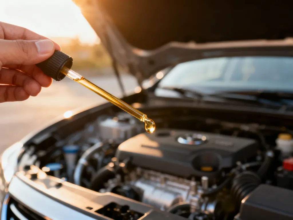 Dłoń trzymająca bagnet z czystym olejem silnikowym na tle komory silnika samochodu Dacia Duster.