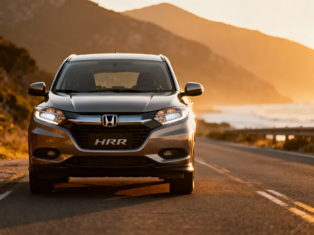 Nowoczesna Honda HR-V zaparkowana na malowniczej nadmorskiej drodze w świetle zachodzącego słońca.