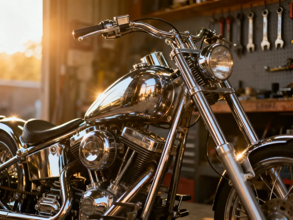 Zbliżenie na chromowany silnik i zbiornik paliwa motocykla typu chopper z charakterystyczną wysoką kierownicą w świetle poranka.