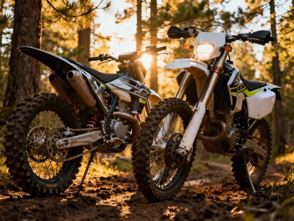 Dwa motocykle terenowe – cross i enduro – zaparkowane obok siebie na leśnej ścieżce w promieniach zachodzącego słońca.