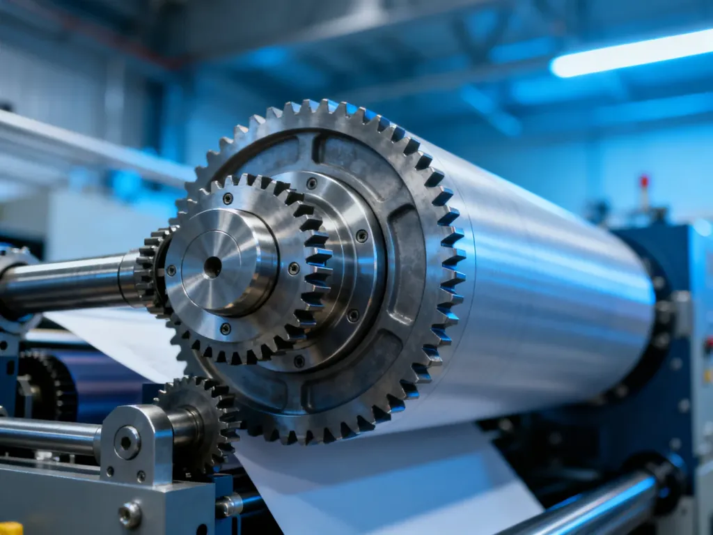 Zbliżenie na precyzyjny mechanizm cylindra w maszynie drukarskiej z widocznymi detalami kół zębatych.