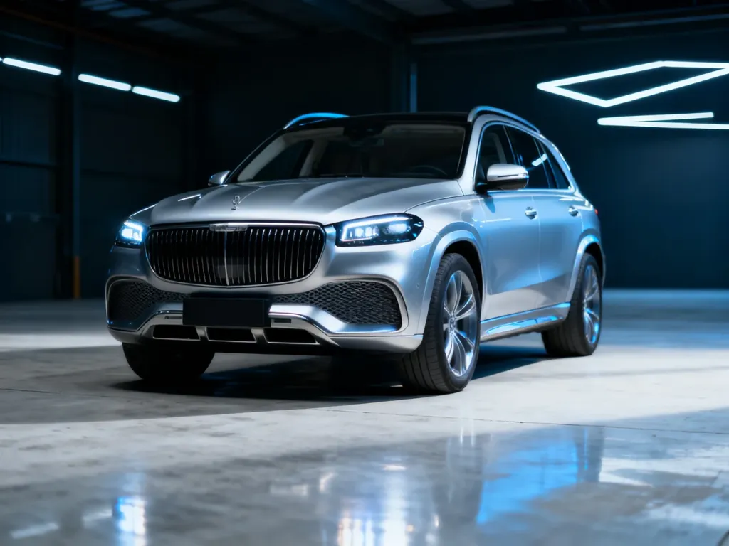 Srebrny Mercedes GLE Coupe w nowoczesnym studiu, podkreślający aerodynamiczną sylwetkę i detale przednich reflektorów LED.