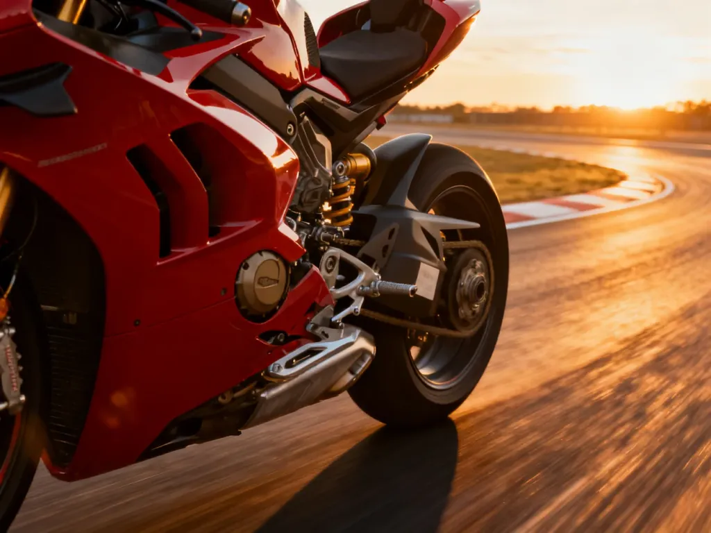 Zbliżenie na silnik i aerodynamiczne owiewki motocykla Honda CBR 500R w świetle zachodzącego słońca.