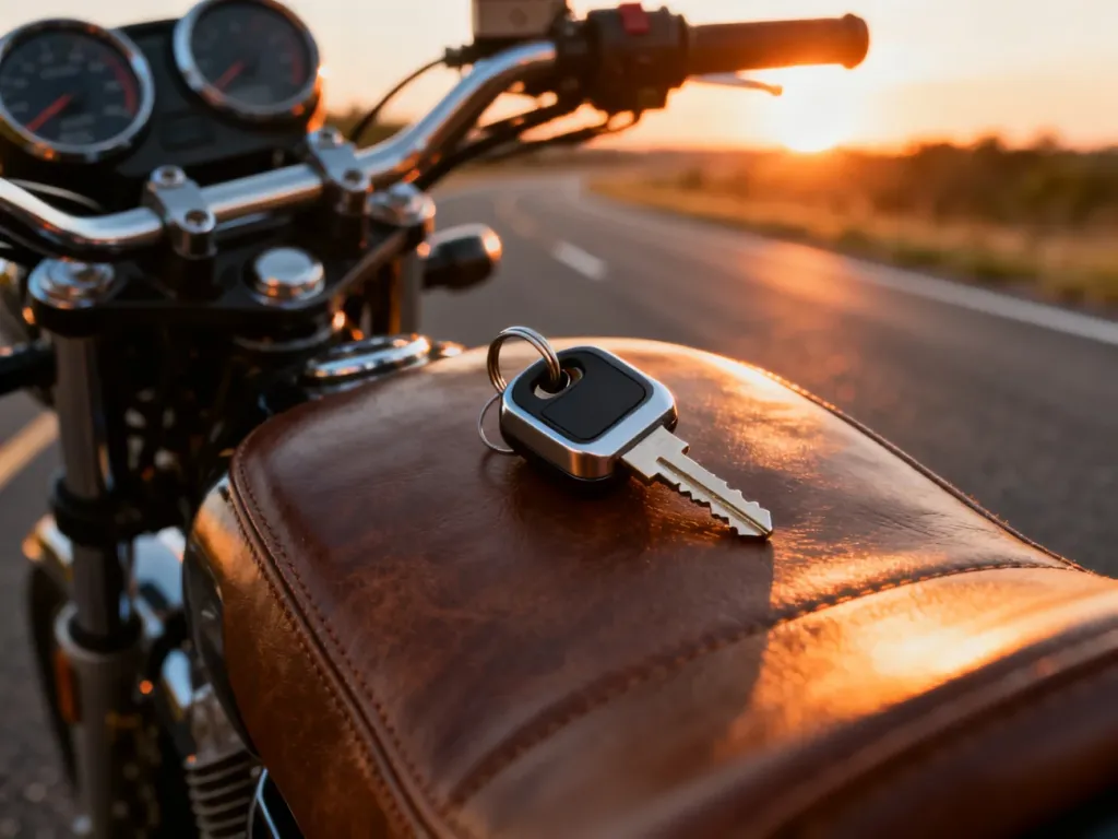 Kluczyk do nowoczesnego motocykla spoczywający na skórzanym siedzeniu, w tle rozmyta deska rozdzielcza i droga.