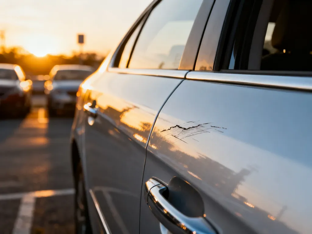 Głęboka rysa na metalowym panelu drzwi samochodu na parkingu w świetle zachodzącego słońca.