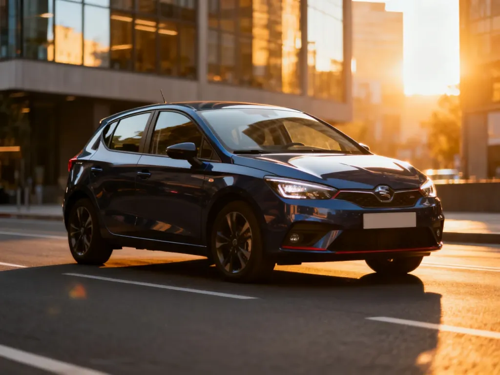 Nowoczesny hatchback zaparkowany na miejskiej ulicy w blasku zachodzącego słońca, podkreślający kompaktowy design auta.