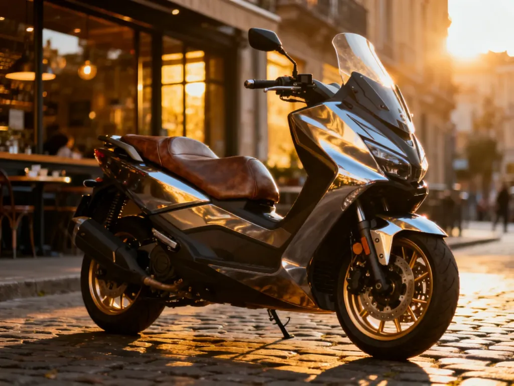Nowoczesny skuter Yamaha Majesty 250 zaparkowany na miejskiej ulicy o zachodzie słońca.