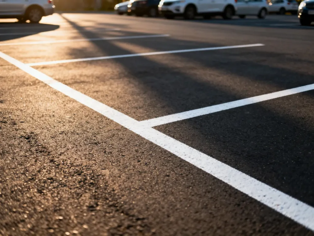 Widok z góry na nowoczesny parking z ukośnymi liniami wyznaczającymi miejsca postojowe w słoneczny poranek.