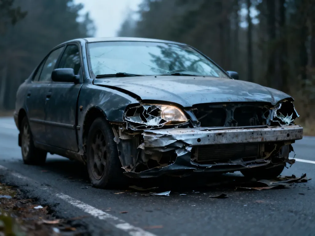 Rozbity sedan porzucony na poboczu drogi po kolizji, z widocznymi uszkodzeniami karoserii i zderzaka.