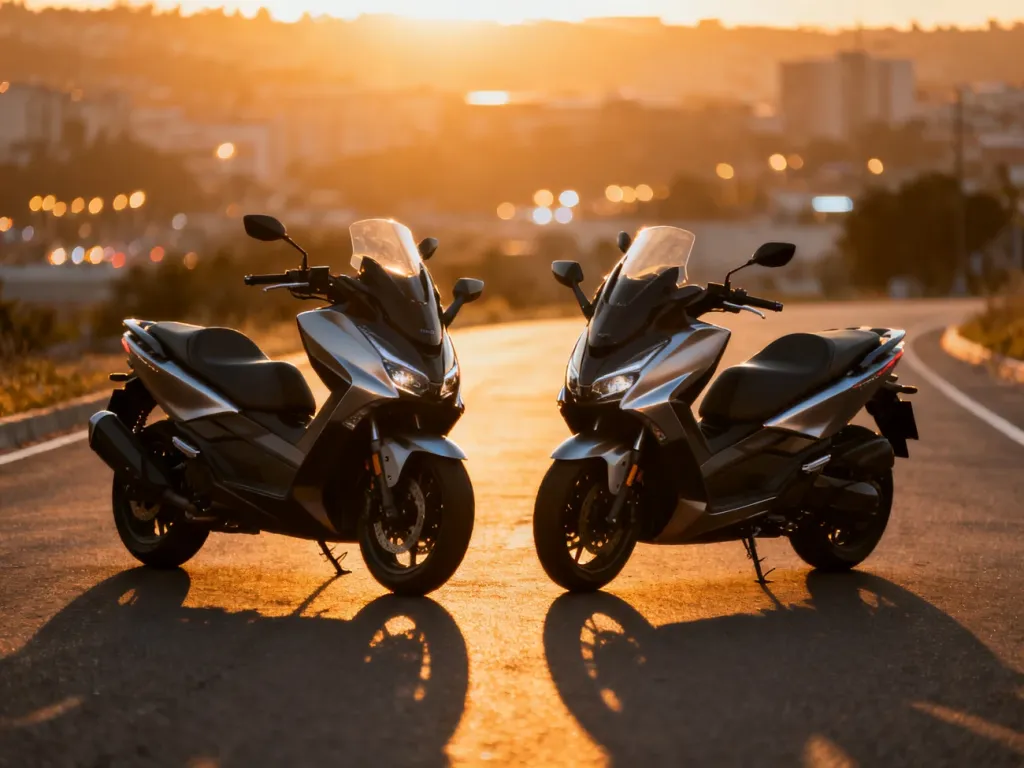 Honda Forza 125 i Yamaha X-Max 125 zaparkowane obok siebie na tle miejskiego krajobrazu podczas zachodu słońca.