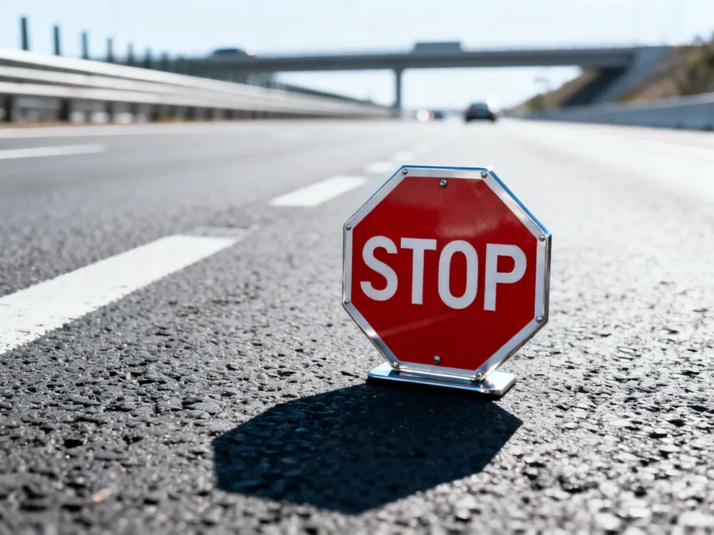 Policyjny znak „STOP” na drodze asfaltowej, symbolizujący kontrolę drogową i egzekwowanie przepisów ruchu drogowego.