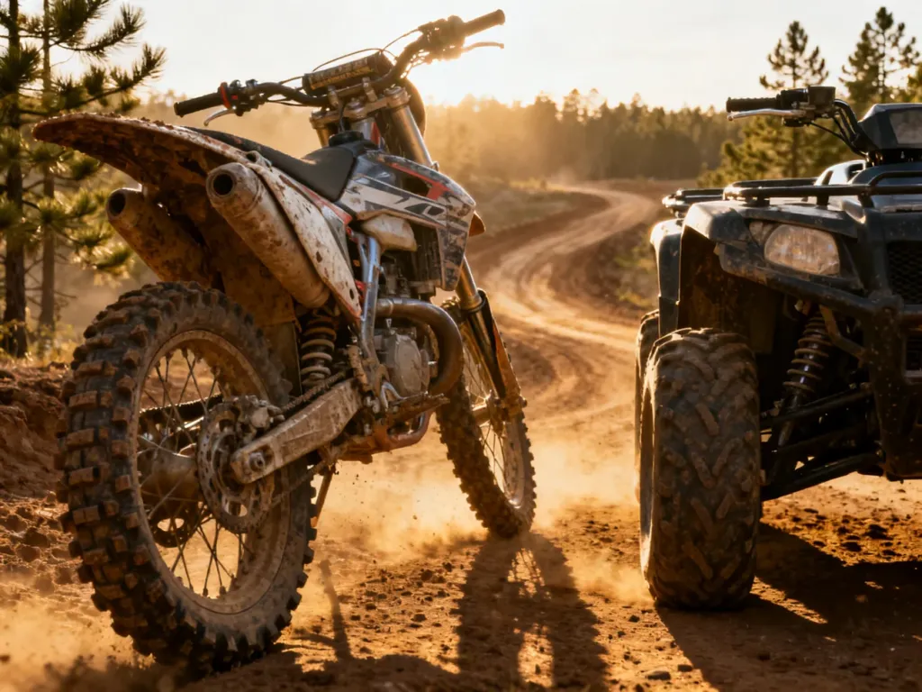 Motocykl typu cross i quad zaparkowane obok siebie na błotnistym torze terenowym w promieniach zachodzącego słońca.