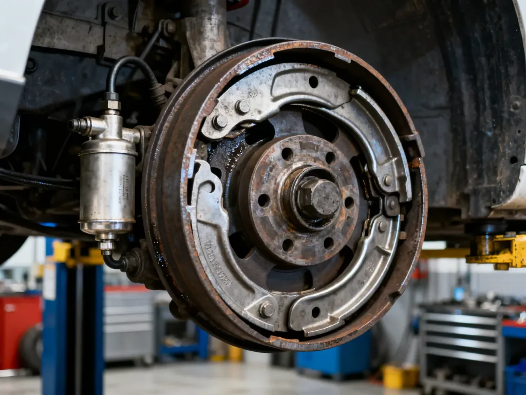 Zbliżenie na elementy układu hamulca bębnowego, w tym szczęki hamulcowe oraz cylinder hydrauliczny.