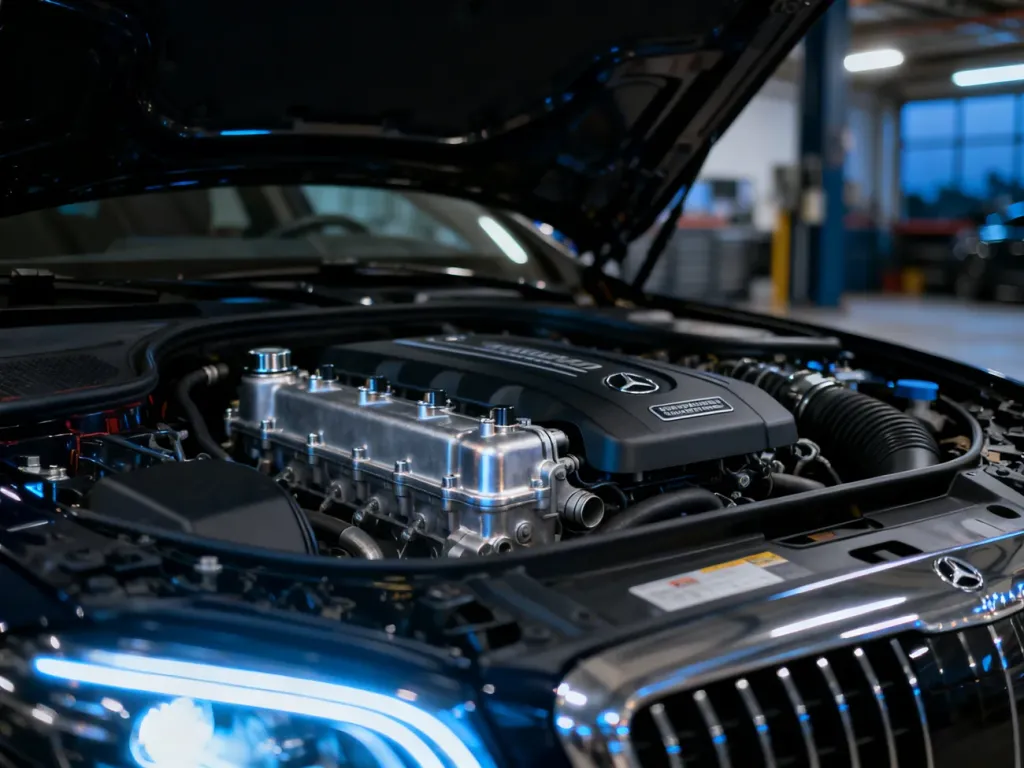 Nowoczesny, czterocylindrowy silnik diesla BMW pod otwartą maską luksusowego sedana w profesjonalnym garażu.