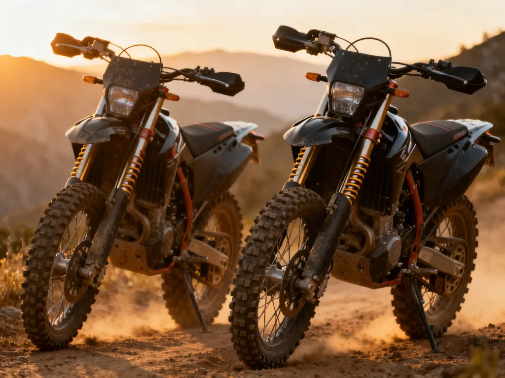 Kawasaki KLX 300 i Honda CRF300L zaparkowane na szutrowej drodze na tle górskiego krajobrazu o zachodzie słońca.