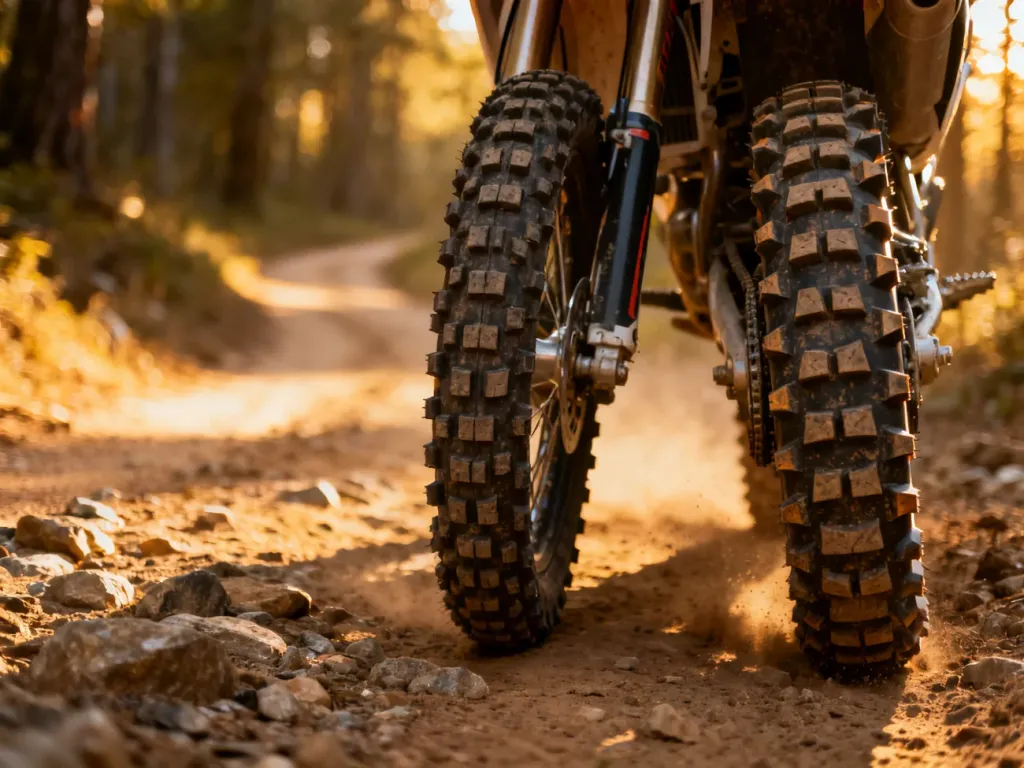 Porównanie bieżnika opon Michelin Enduro Medium oraz Medium 2 na tle leśnej ścieżki enduro.