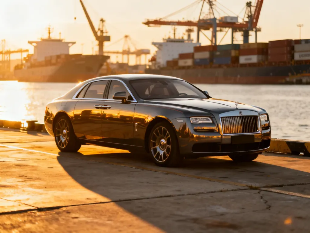Luksusowy sedan zaparkowany w porcie przeładunkowym o zachodzie słońca, symbolizujący import samochodów z USA.