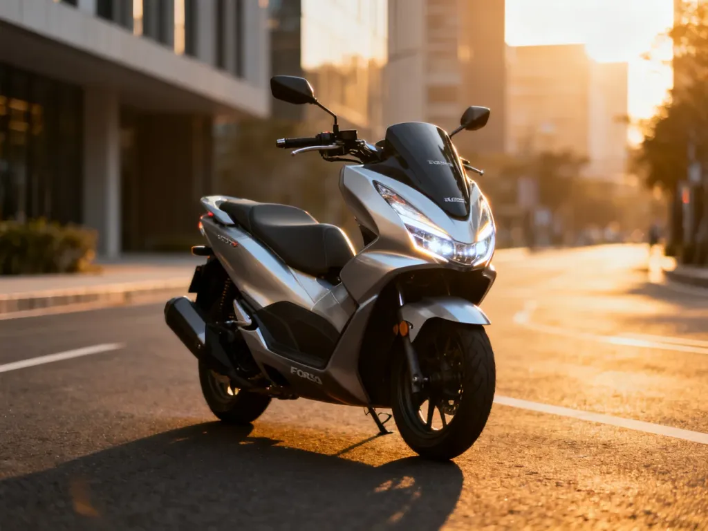 Srebrny skuter Honda Forza 350 zaparkowany na asfalcie w świetle zachodzącego słońca, podkreślającym jego nowoczesny design.