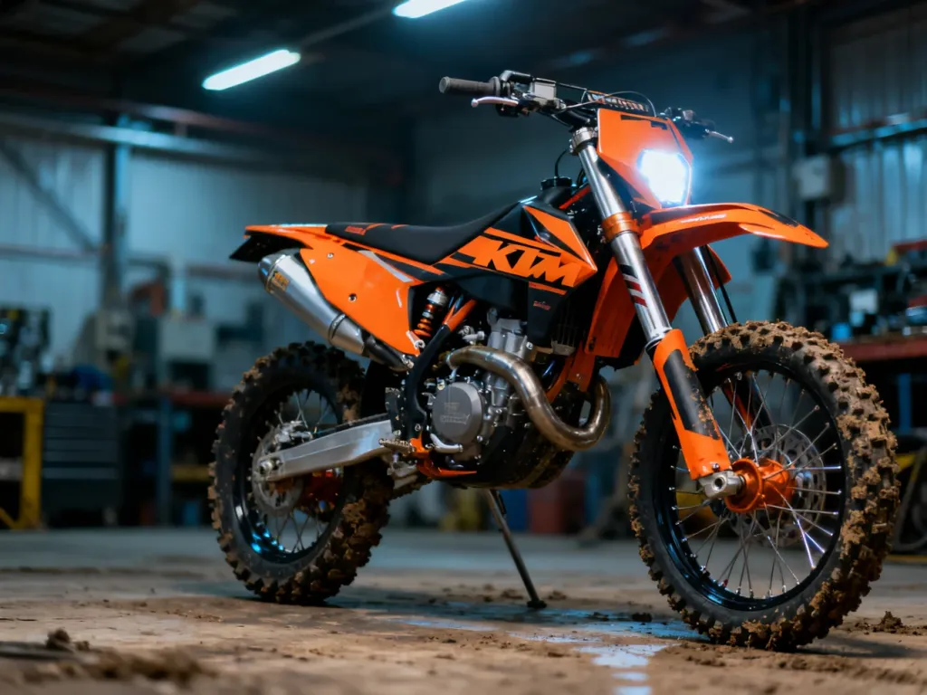 Pomarańczowo-czarny motocykl crossowy KTM 450 zaparkowany w profesjonalnym warsztacie, ukazujący detale konstrukcyjne.