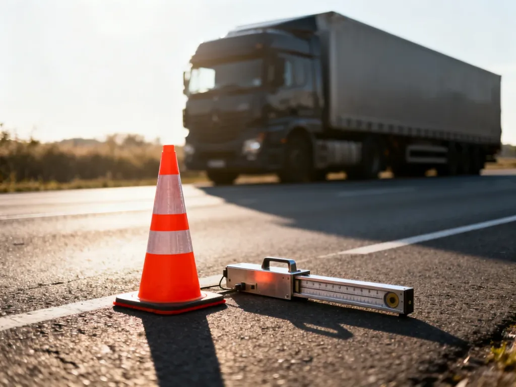 Pomarańczowy pachołek drogowy i przyrządy pomiarowe na poboczu autostrady podczas kontroli ciężarówki przez ITD.
