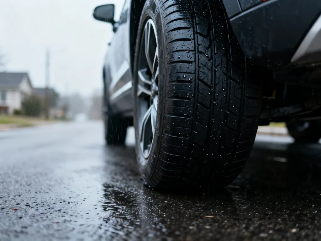 Zbliżenie na bieżnik opony SUV-a na mokrym asfalcie, ilustrujące przyczepność w deszczowych warunkach.