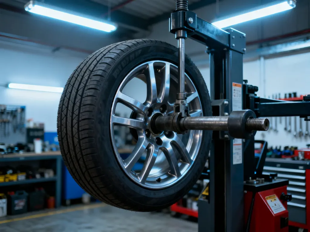 Mechanik zdejmuje koło z samochodu przy użyciu podnośnika w profesjonalnym warsztacie samochodowym.