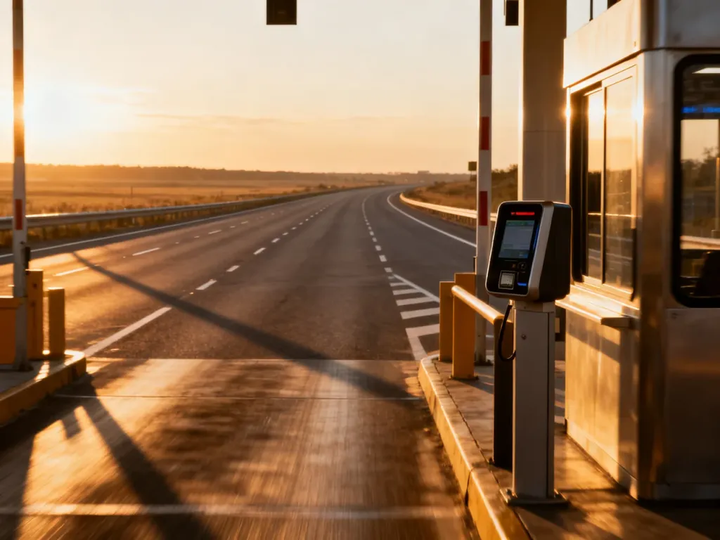 Nowoczesna autostrada z bramkami do poboru opłat w promieniach zachodzącego słońca.