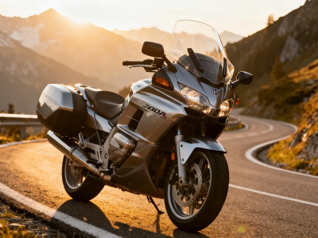 Honda ST 1300 zaparkowana na krętej górskiej drodze w blasku zachodzącego słońca, podkreślająca turystyczny charakter motocykla.