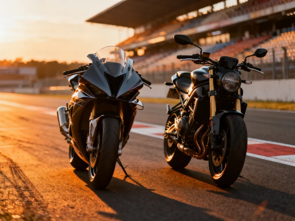 Dwa sportowe motocykle Yamaha zaparkowane na torze wyścigowym w blasku zachodzącego słońca.