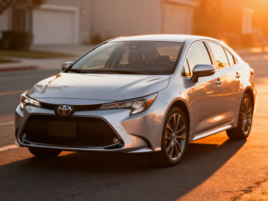 Srebrna Toyota Avensis zaparkowana na asfalcie podczas zachodu słońca, prezentująca nowoczesną sylwetkę modelu.