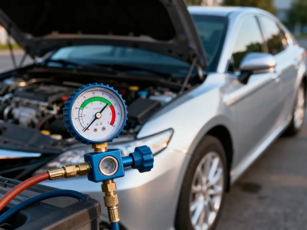Manometr klimatyzacji samochodowej ze wskazówką w zielonym polu, wskazujący prawidłowe ciśnienie w układzie Audi A4 B6.