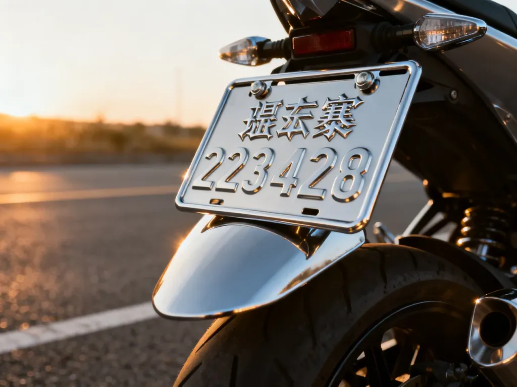 Zbliżenie na nowoczesną tablicę rejestracyjną motocykla z indywidualnym numerem na tle asfaltowej drogi o wschodzie słońca.